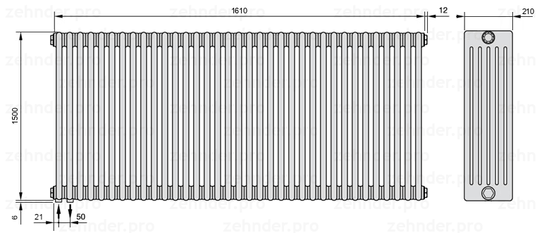 Схема (чертеж) Радиатор Zehnder Charleston 6150/35 №3370 Белый глянцевый RAL 9016